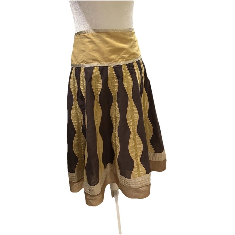Principles UK Silk Cotton A-Line Midi Skirt Brown Yellow Size 14 EU 42